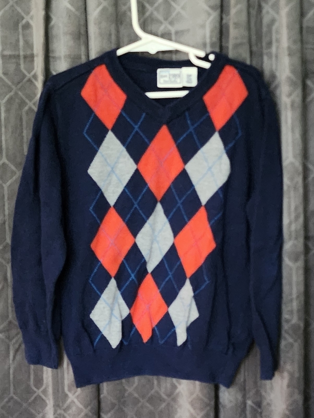 Place Navy V-Neck Sweater with Red/Orange & Bright Blue Argyle